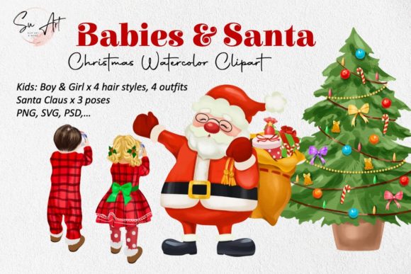 Watercolor Santa and Babies Clipart for Seasonal Graphics